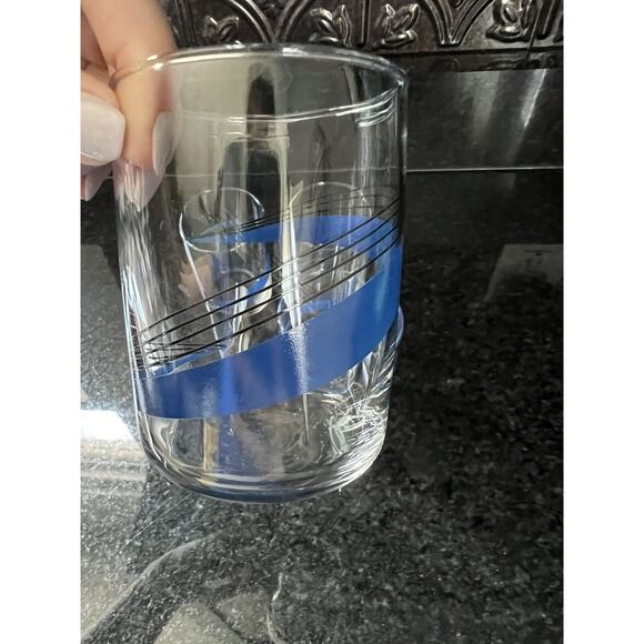 Libby MCM Glasses Juice Cups Blue Black line Swirl Set of 4 Vintage - Picture 4 of 9